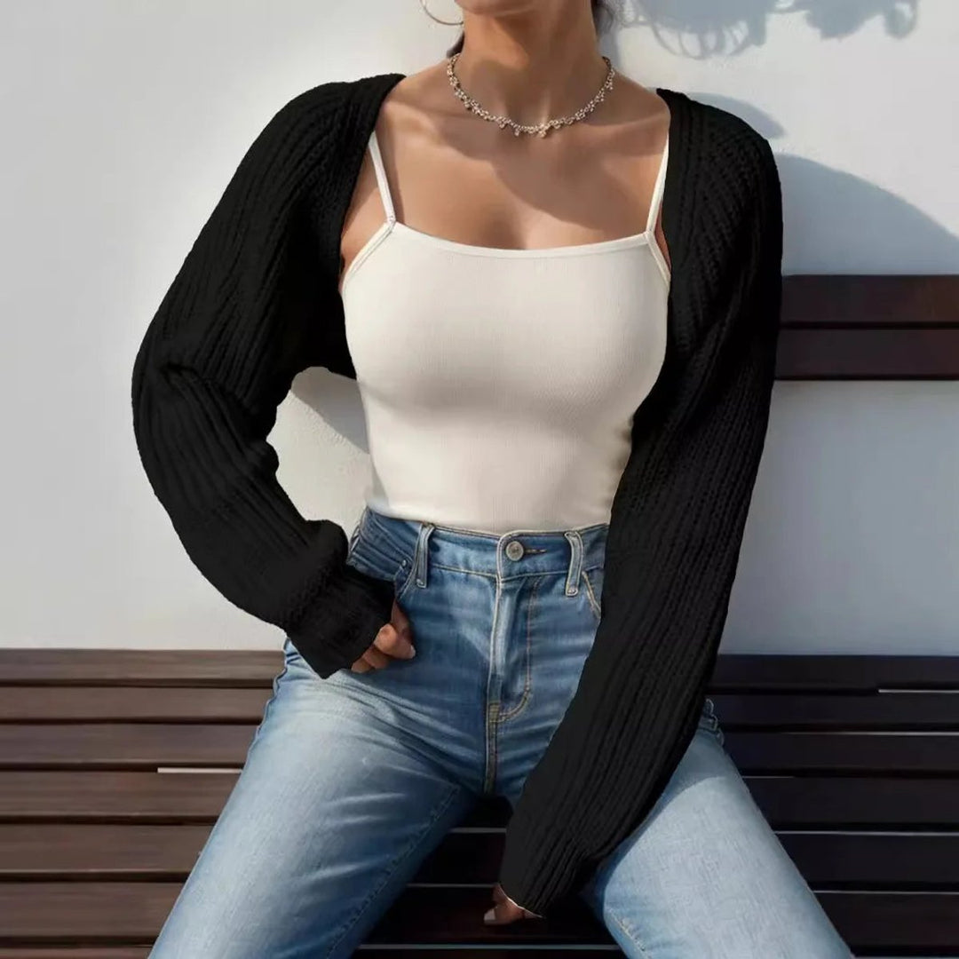 Women's Cropped Open-Front Ribbed Knit Shrug Jumper