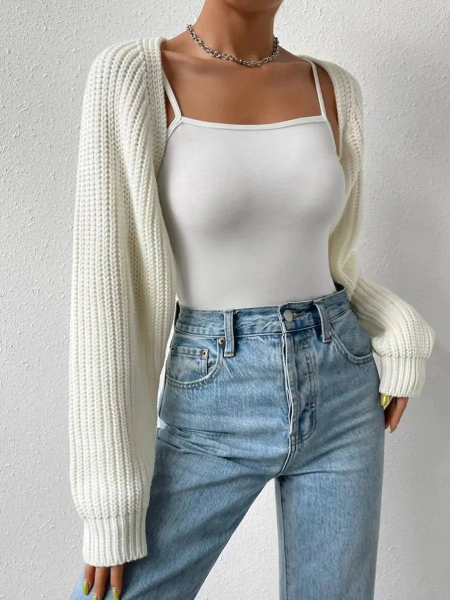 Women's Cropped Open-Front Ribbed Knit Shrug Jumper