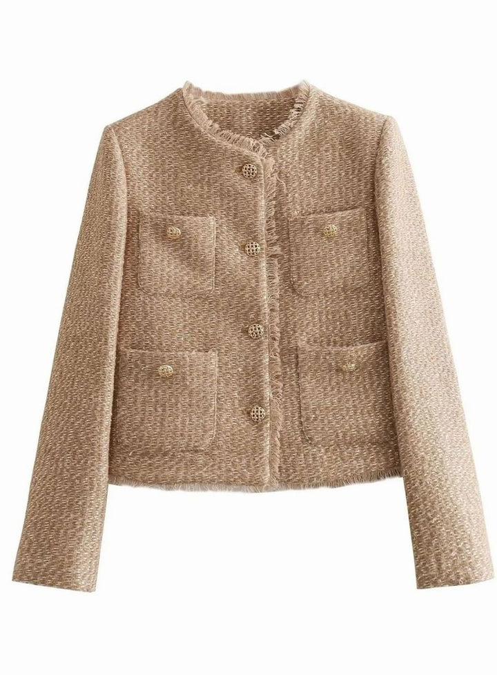 Women's Cropped Tweed Blazer Jacket Gold Button Front