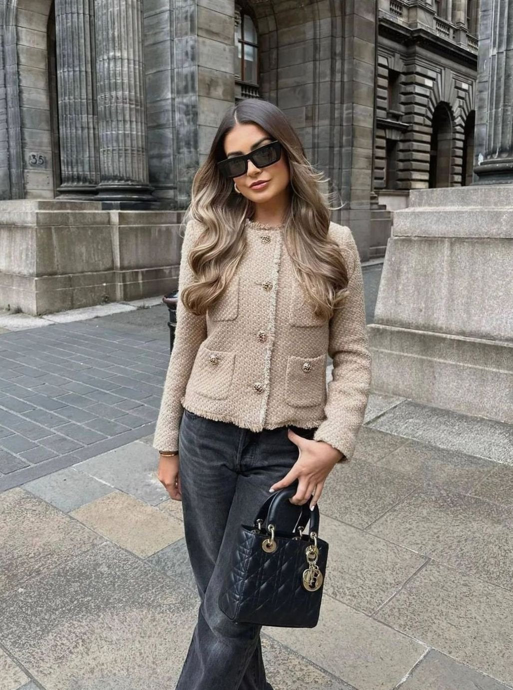 Women's Cropped Tweed Blazer Jacket Gold Button Front