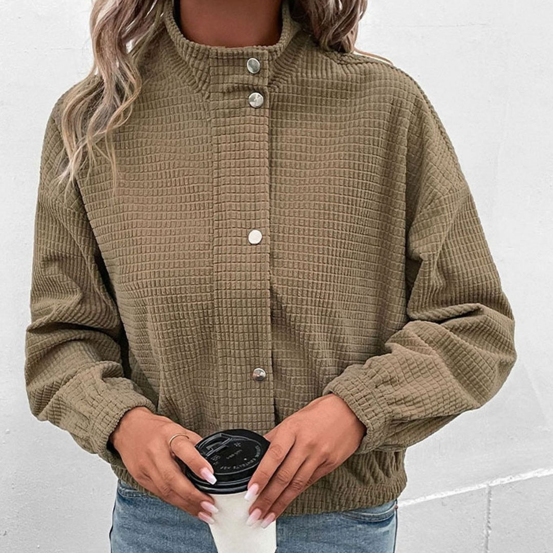 Women's Cropped Waffle-Texture Mock-Neck Button-Up Jacket