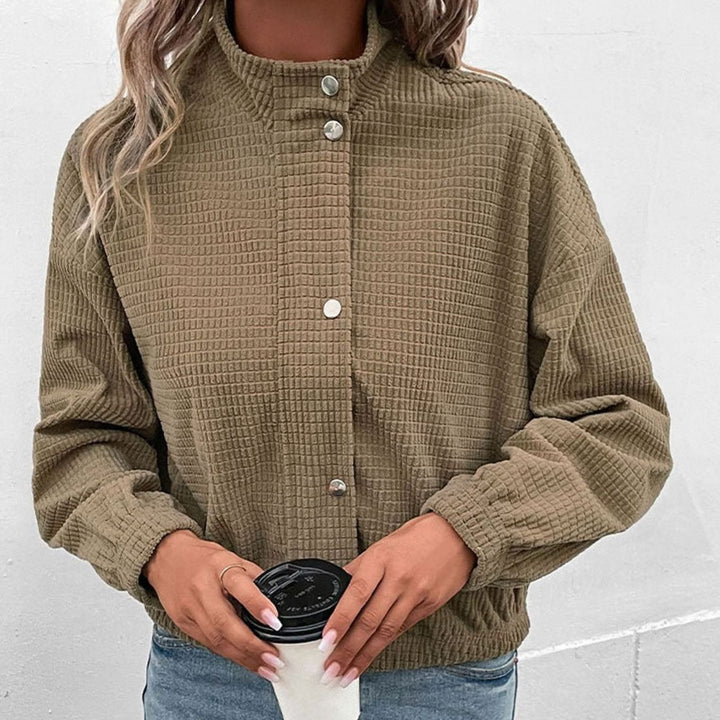 Women's Cropped Waffle-Texture Mock-Neck Button-Up Jacket