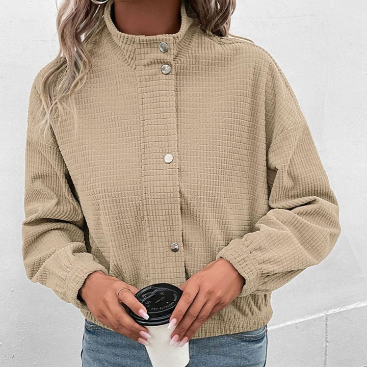 Women's Cropped Waffle-Texture Mock-Neck Button-Up Jacket