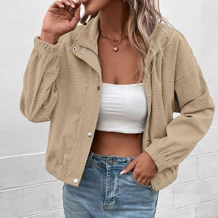 Women's Cropped Waffle-Texture Mock-Neck Button-Up Jacket