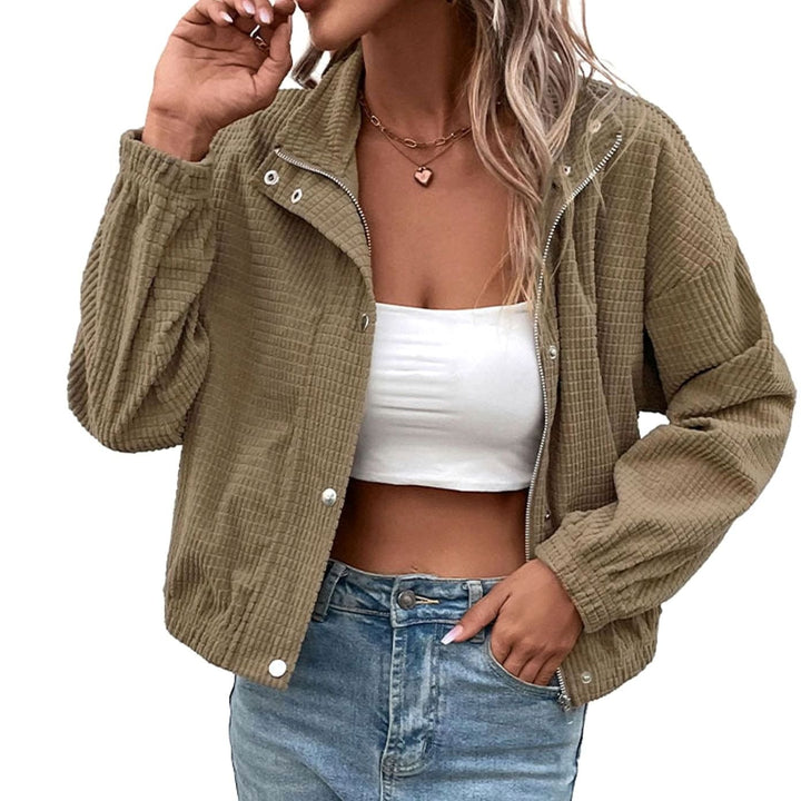 Women's Cropped Waffle-Texture Mock-Neck Button-Up Jacket