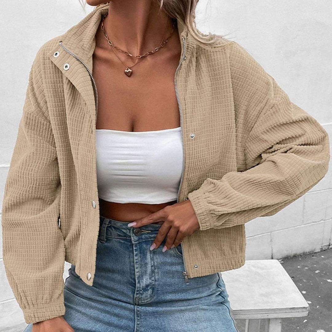 Women's Cropped Waffle-Texture Mock-Neck Button-Up Jacket - Apricot