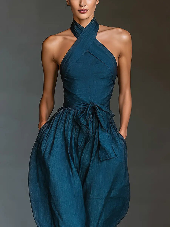 Women's Cross Halter Wide-Leg Linen Jumpsuit