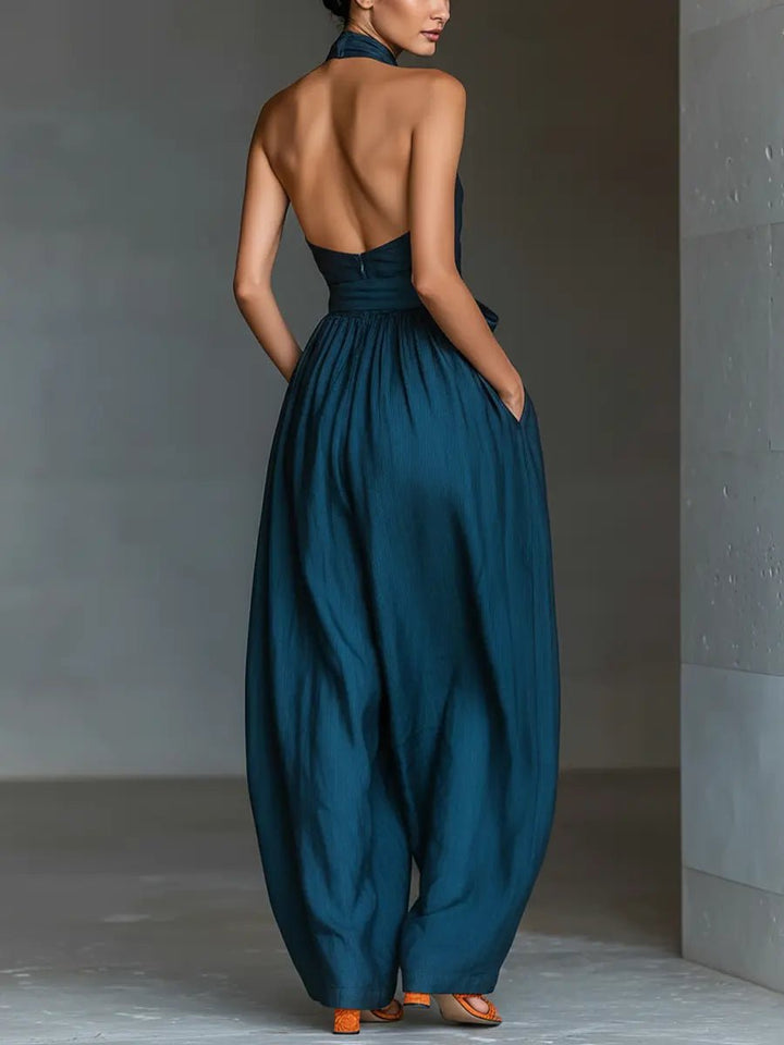 Women's Cross Halter Wide-Leg Linen Jumpsuit