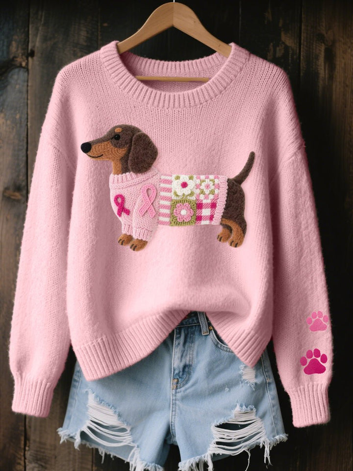 Women's Dachshund Patchwork Relaxed-Fit Knit Sweater Jumper - Pink