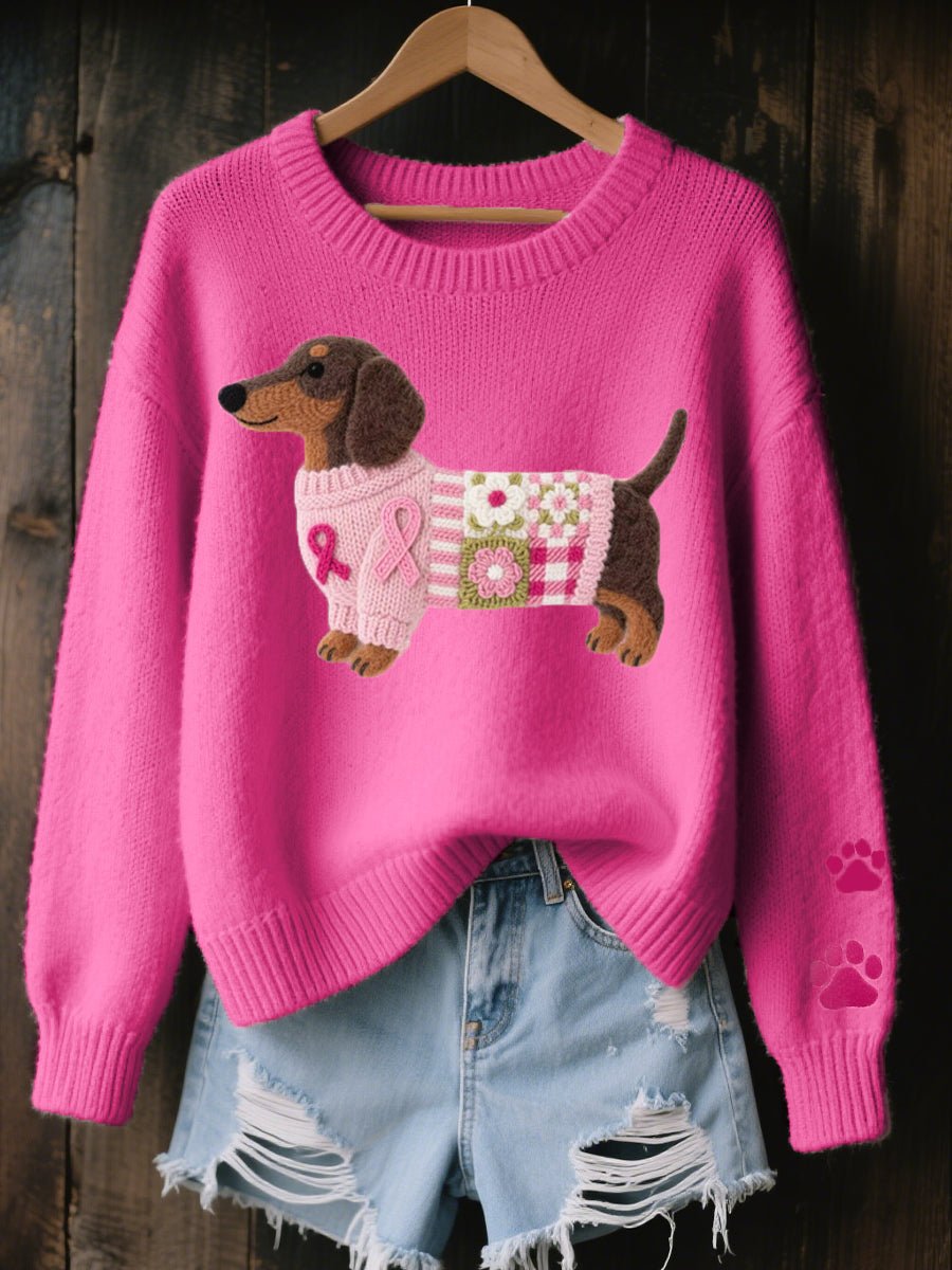 Women's Dachshund Patchwork Relaxed-Fit Knit Sweater Jumper - Dark Pink