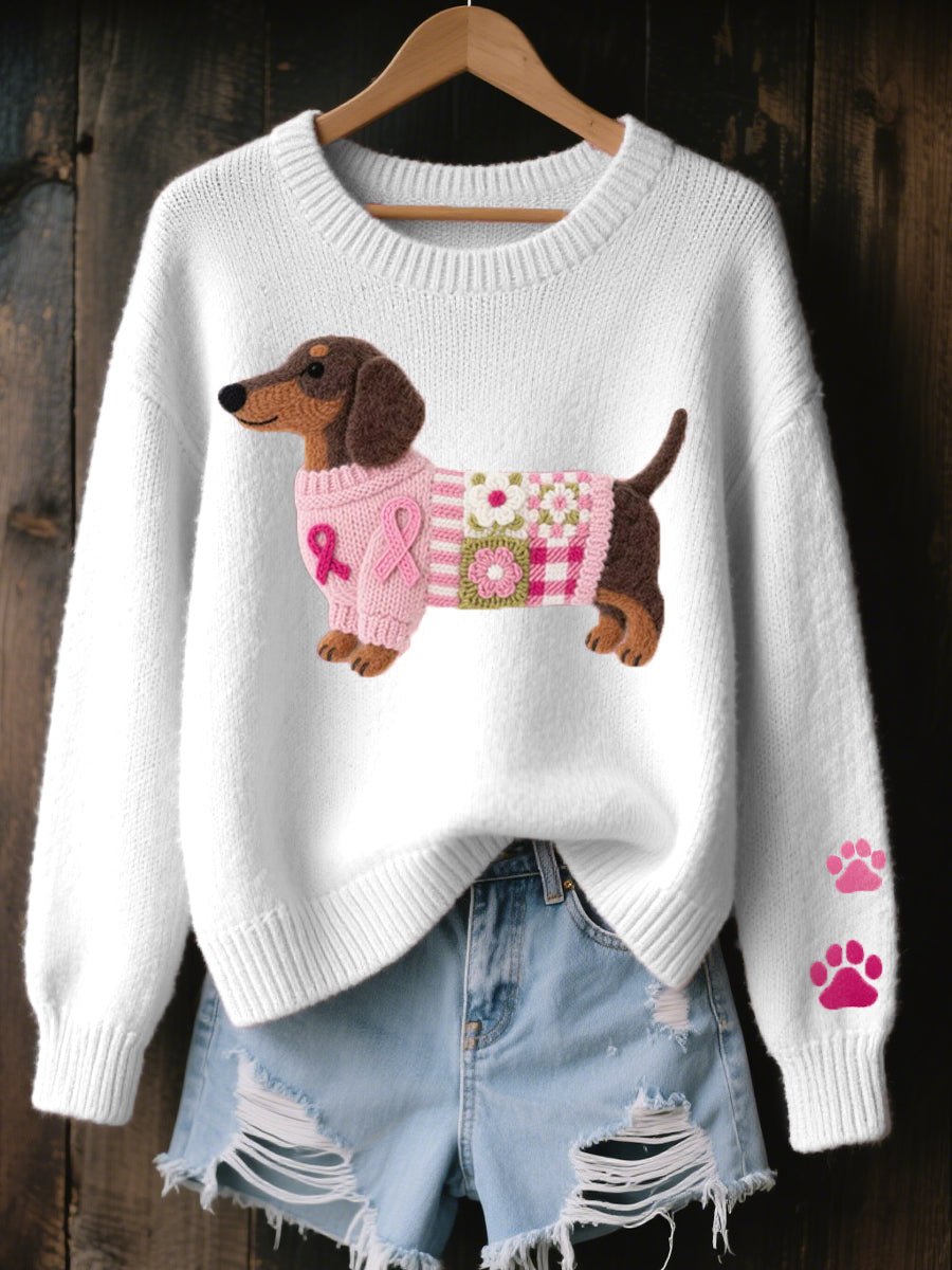 Women's Dachshund Patchwork Relaxed-Fit Knit Sweater Jumper - White