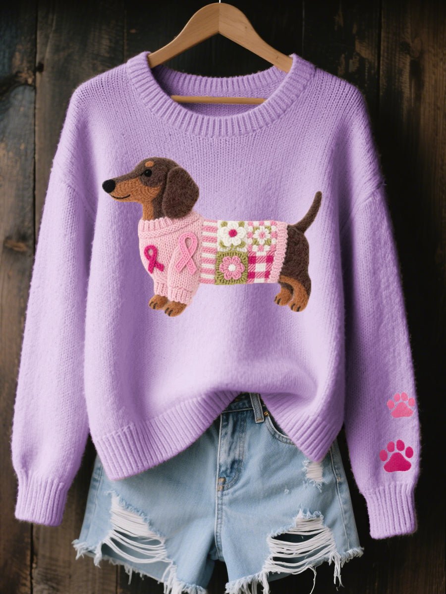 Women's Dachshund Patchwork Relaxed-Fit Knit Sweater Jumper - Purple
