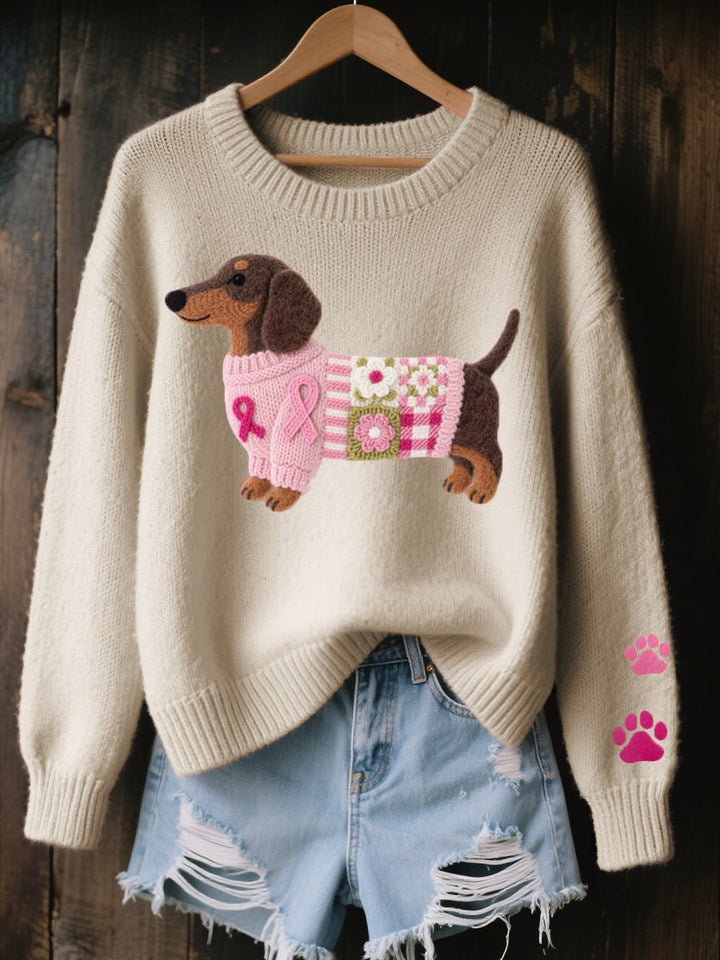 Women's Dachshund Patchwork Relaxed-Fit Knit Sweater Jumper - Beige