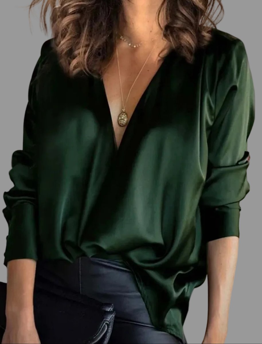 Women's Deep V-Neck Long Sleeve Satin Blouse - Green