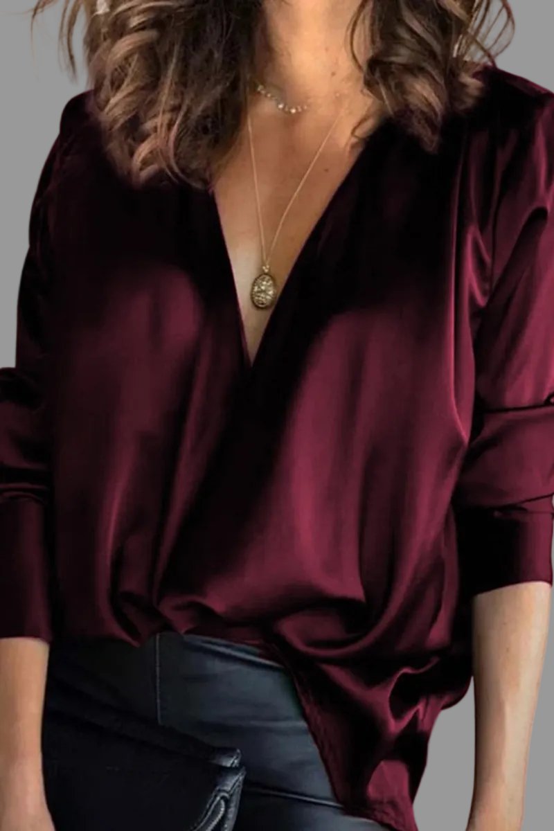 Women's Deep V-Neck Long Sleeve Satin Blouse - Burgundy