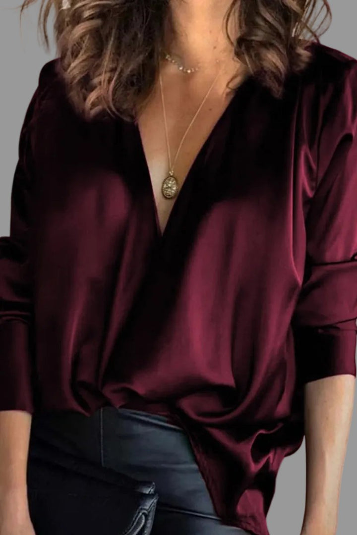 Women's Deep V-Neck Long Sleeve Satin Blouse - Burgundy
