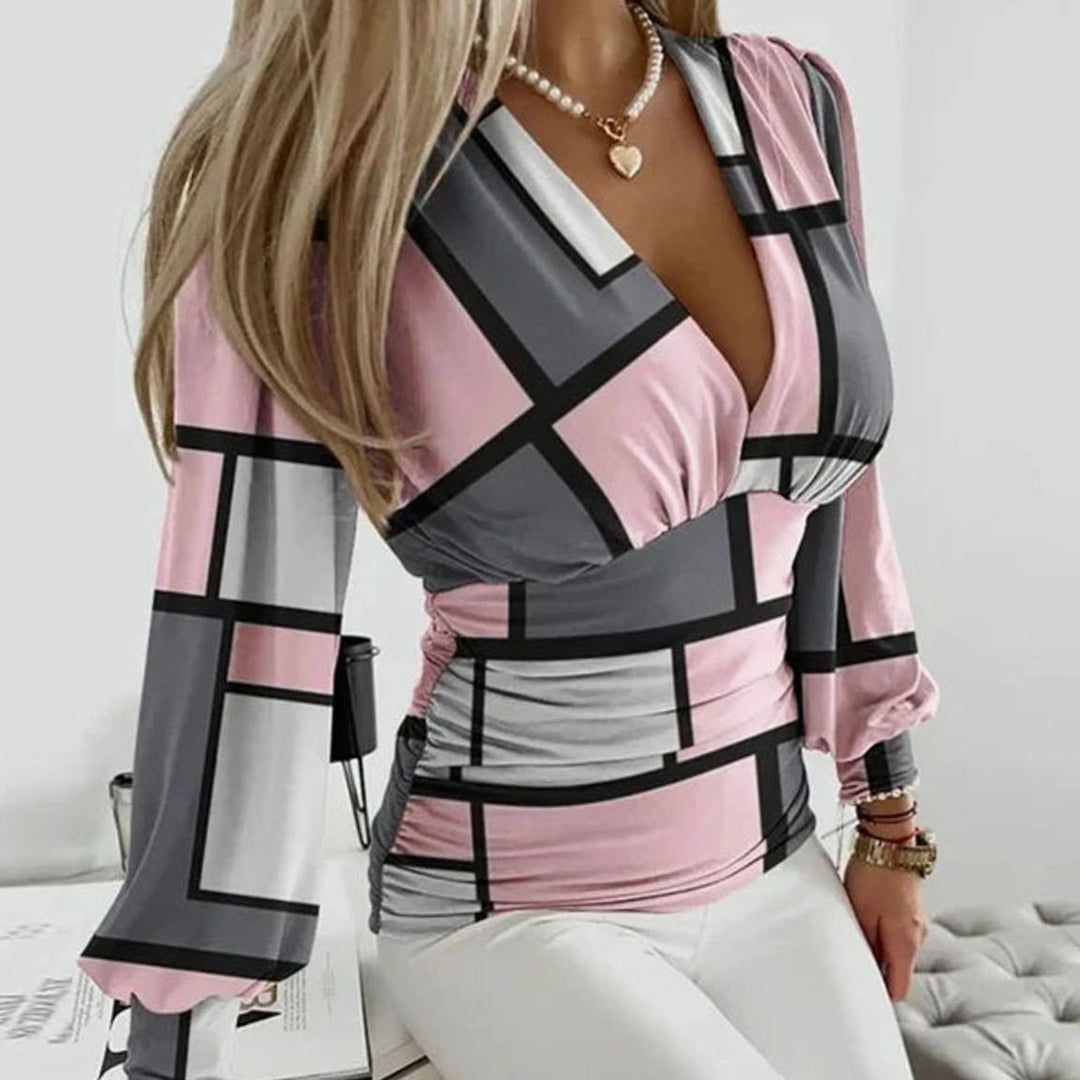Women's Deep V-Neck Ruched Waist Blouse Long Sleeve Slim Fit Top - Geometric Pink & Grey