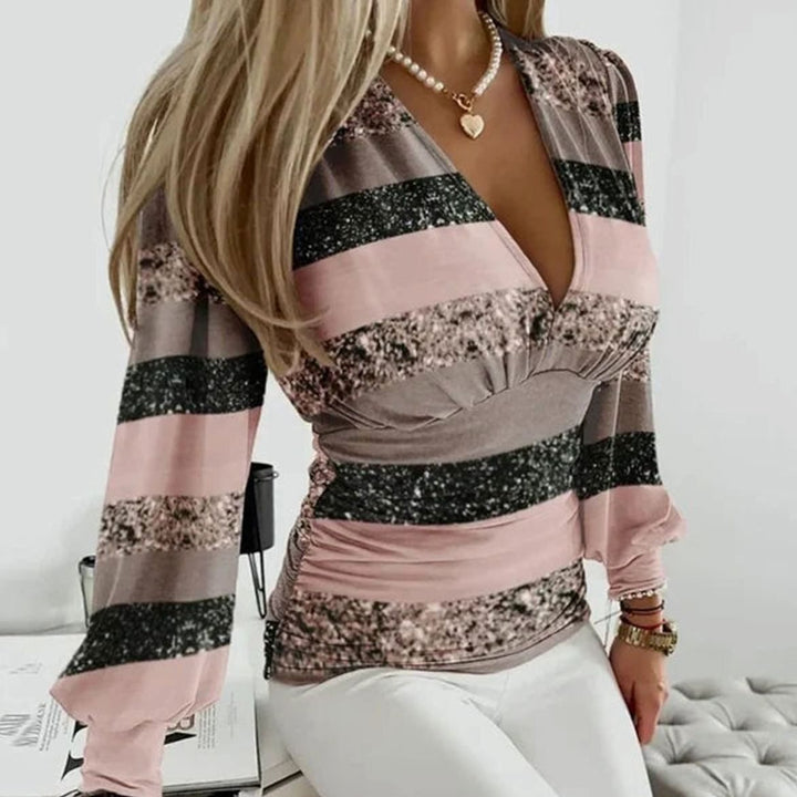 Women's Deep V-Neck Ruched Waist Blouse Long Sleeve Slim Fit Top - Pink & Black Stripes