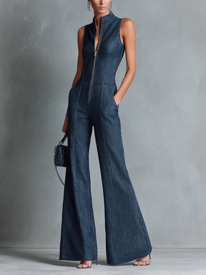 Women's Denim Jumpsuit Flared High Neck Zip Front - Blue