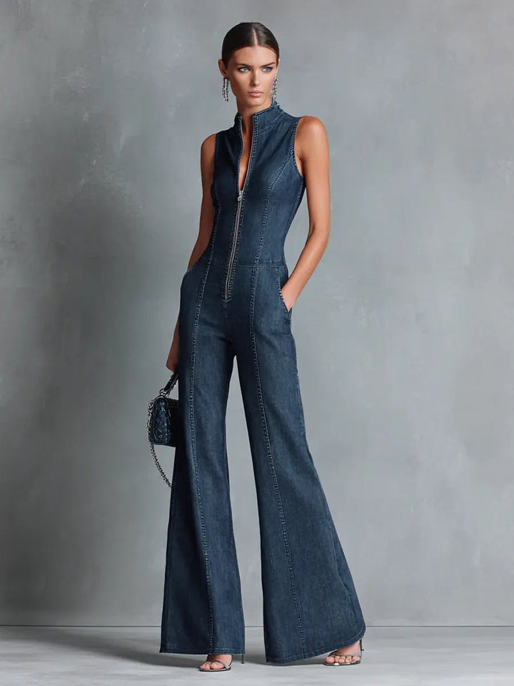 Women's Denim Jumpsuit Flared High Neck Zip Front