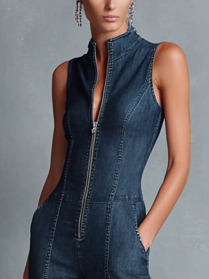 Women's Denim Jumpsuit Flared High Neck Zip Front