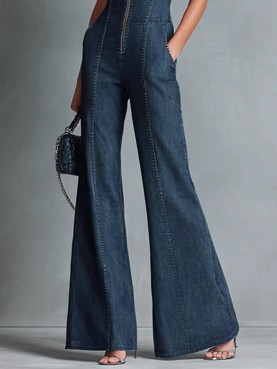 Women's Denim Jumpsuit Flared High Neck Zip Front