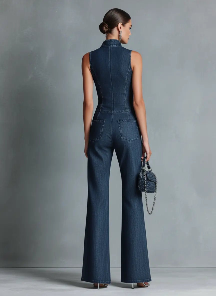 Women's Denim Jumpsuit Flared High Neck Zip Front