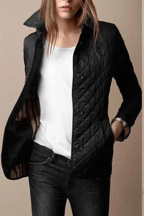 Women's Diamond-Quilted Button-Through Tailored Jacket - Black