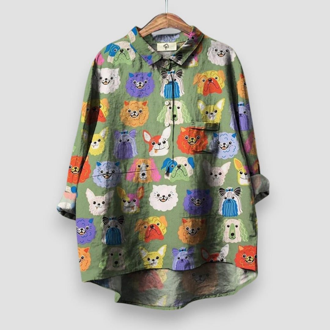 Women's Dog Print Long Sleeve Collared Button Shirt - Green