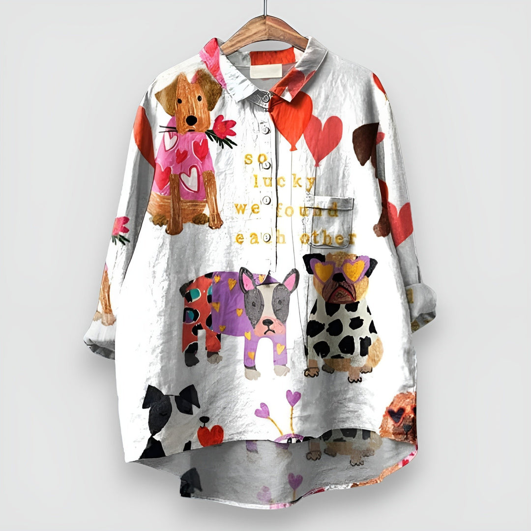 Women's Dog Print Long Sleeve Collared Button Shirt - White 2