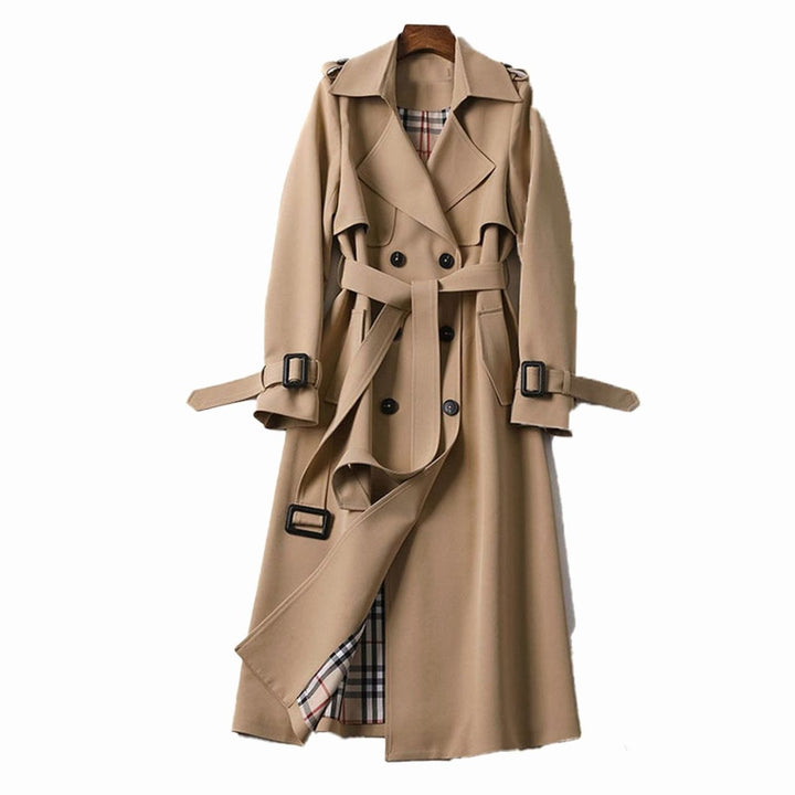 Women's Double-Breasted Belted Long Trench Coat Checked Lining - Beige