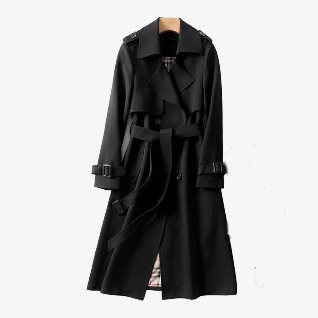 Women's Double-Breasted Belted Long Trench Coat Checked Lining - Black