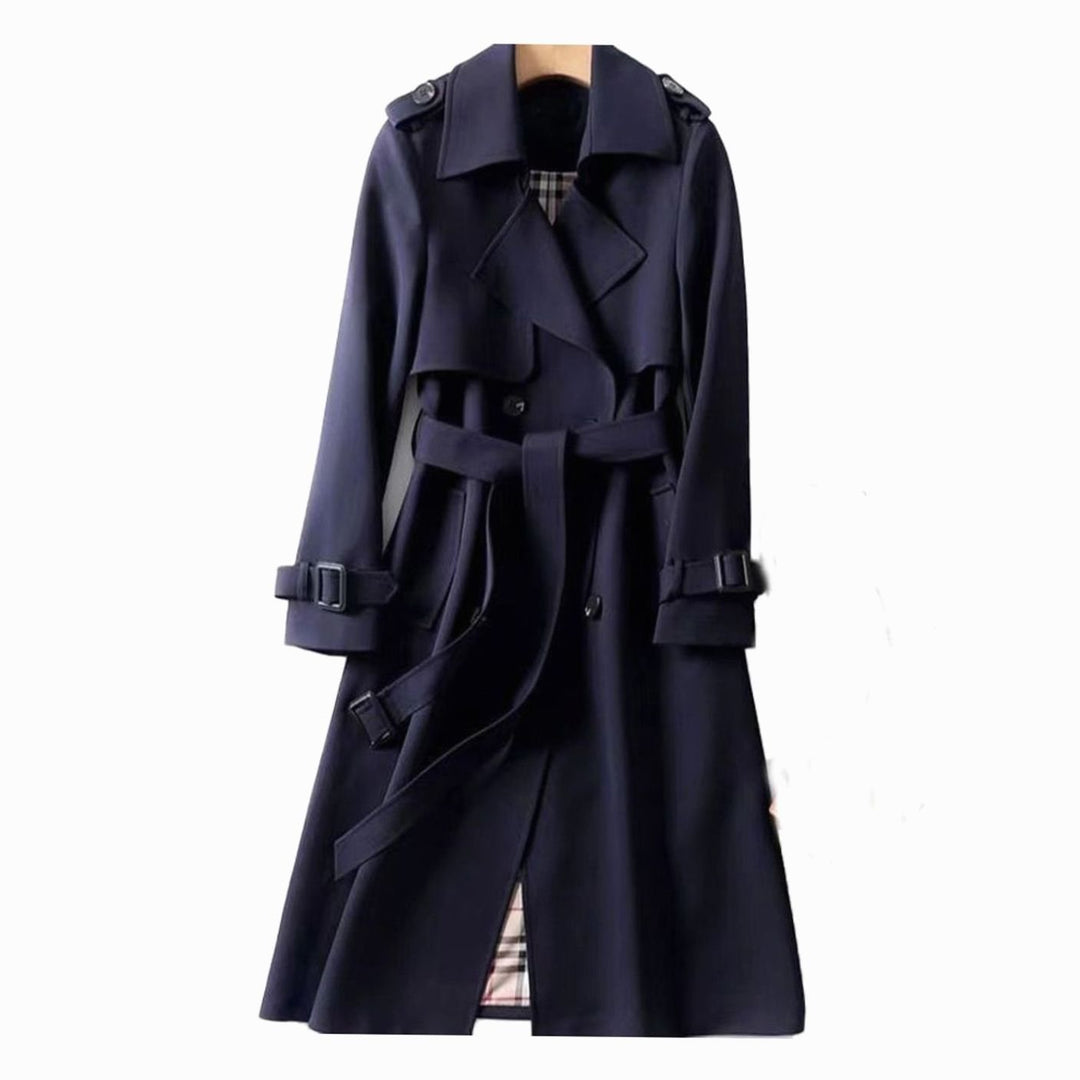 Women's Double-Breasted Belted Long Trench Coat Checked Lining - Navy