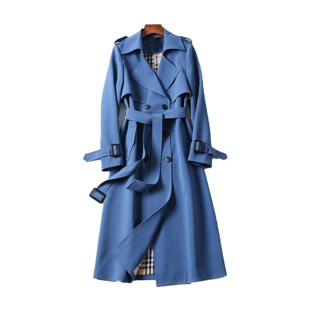 Women's Double-Breasted Belted Long Trench Coat Checked Lining - Blue
