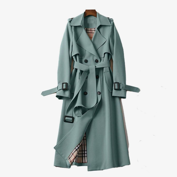 Women's Double-Breasted Belted Long Trench Coat Checked Lining - Green