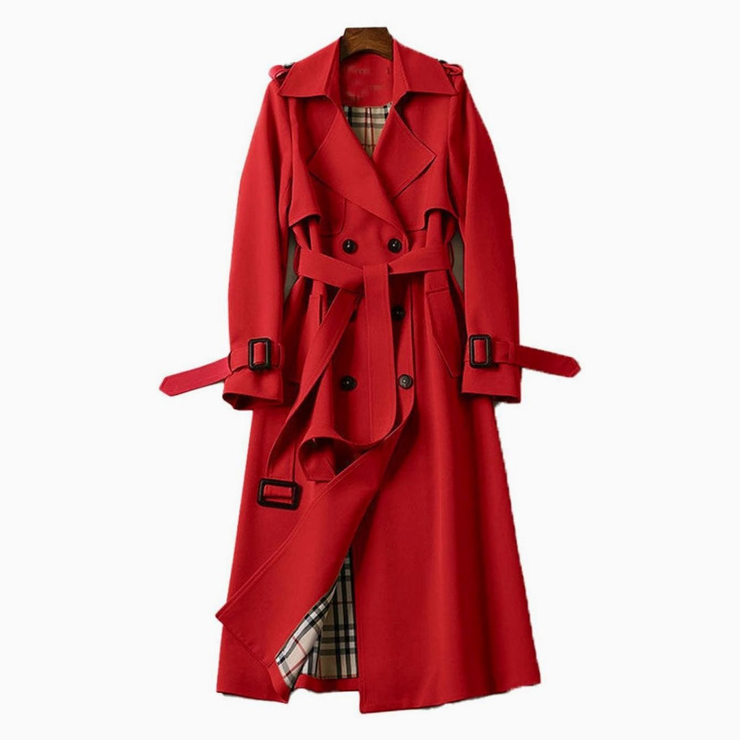 Women's Double-Breasted Belted Long Trench Coat Checked Lining - Red