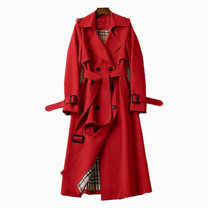 Women's Double-Breasted Belted Long Trench Coat Checked Lining - Red