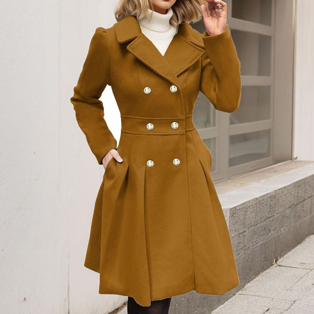 Women's Double-Breasted Flared Longline Wool-Blend Coat - Camel