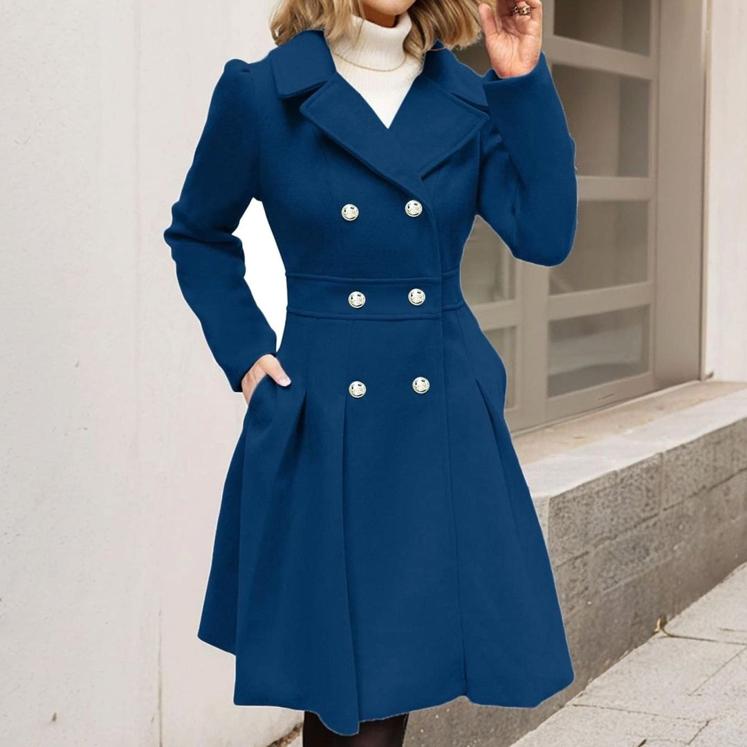 Women's Double-Breasted Flared Longline Wool-Blend Coat - Navy Blue
