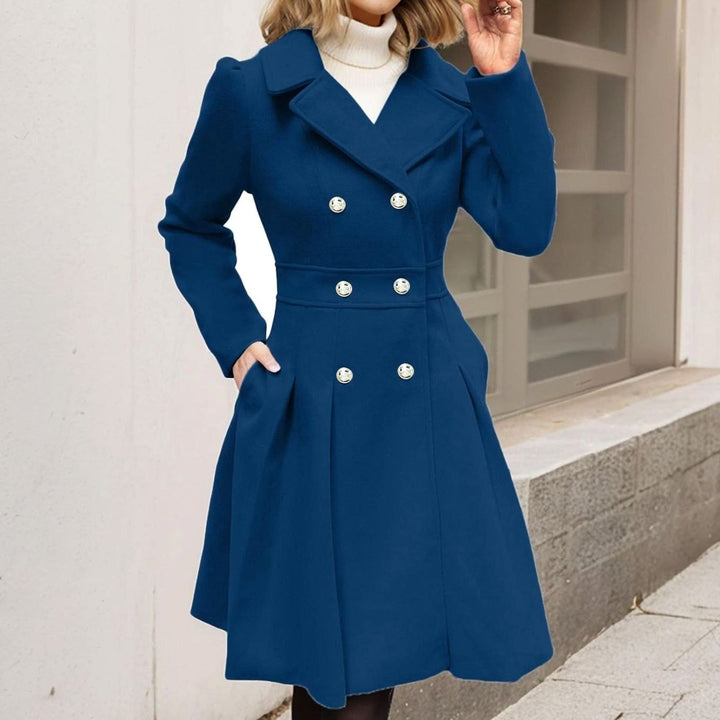 Women's Double-Breasted Flared Longline Wool-Blend Coat - Navy Blue