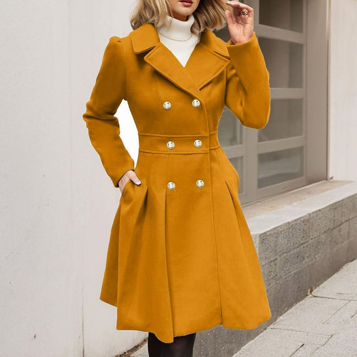 Women's Double-Breasted Flared Longline Wool-Blend Coat - Yellow
