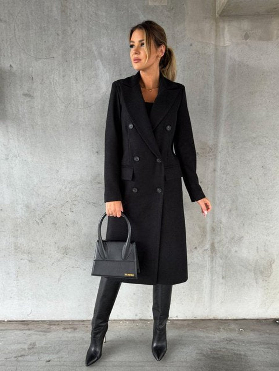 Women's Double-Breasted Long-Line Polyester Coat - Black