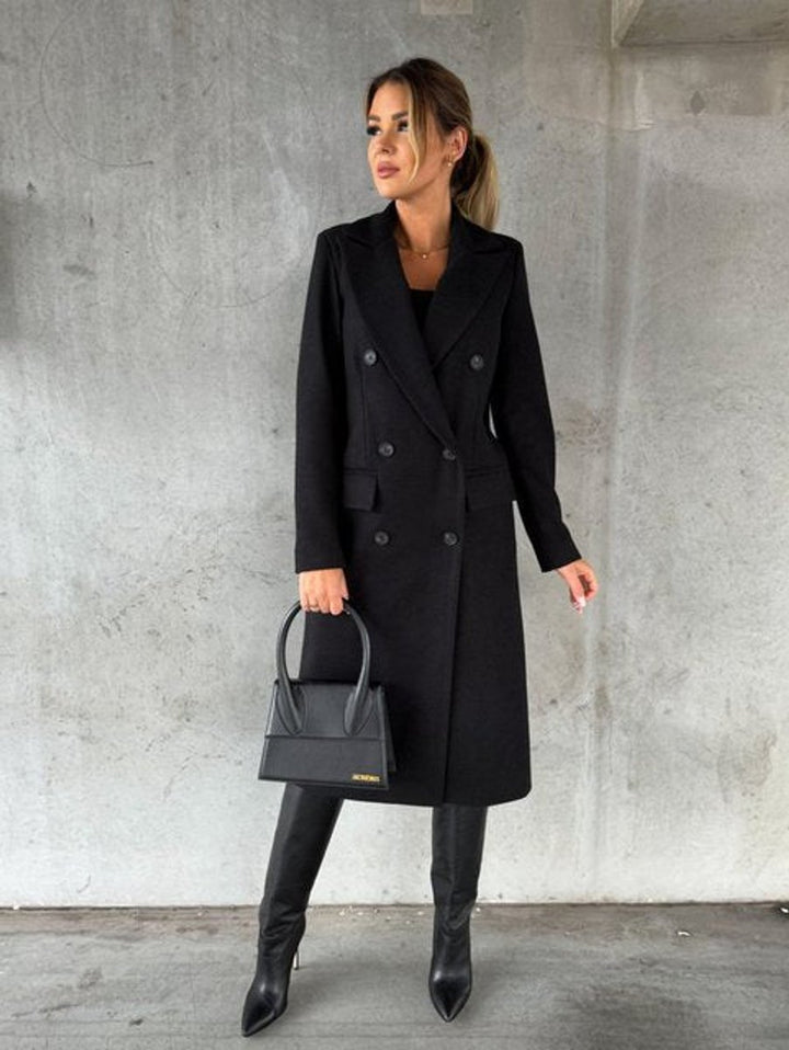 Women's Double-Breasted Long-Line Polyester Coat - Black