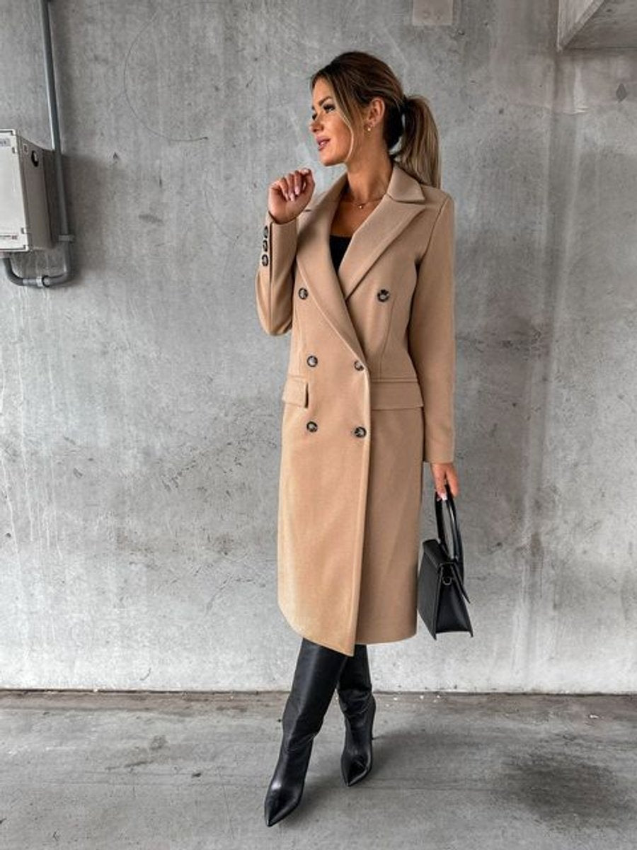 Women's Double-Breasted Long-Line Polyester Coat - Khaki