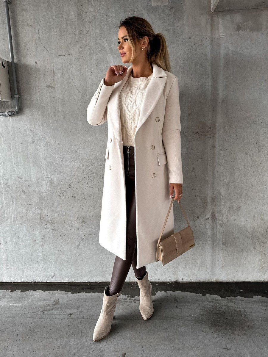 Women's Double-Breasted Long-Line Polyester Coat - Beige
