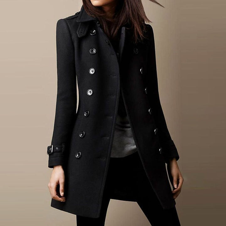 Women's Double-Breasted Mid-Length Winter Coat Notch Lapel - Black
