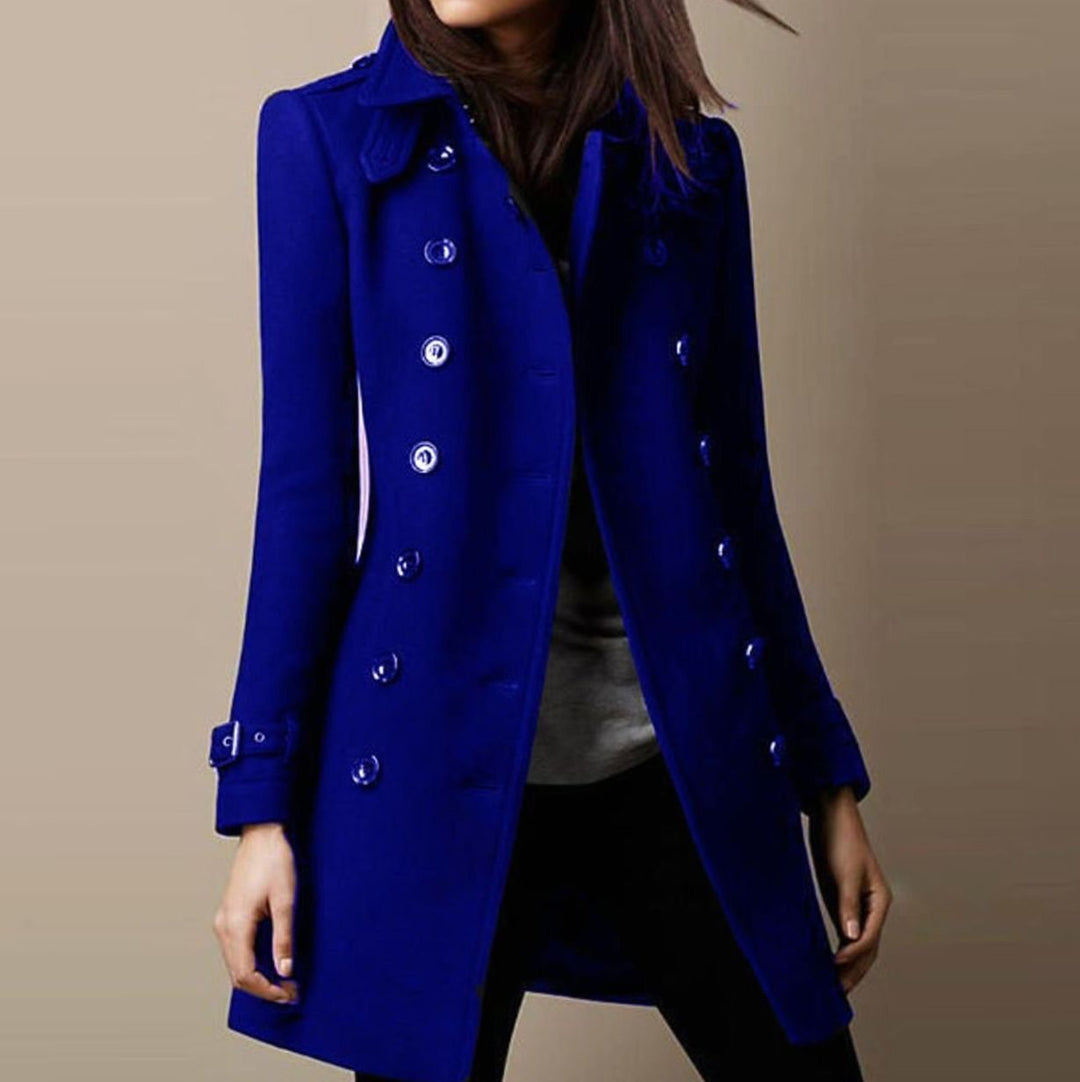 Women's Double-Breasted Mid-Length Winter Coat Notch Lapel - Blue