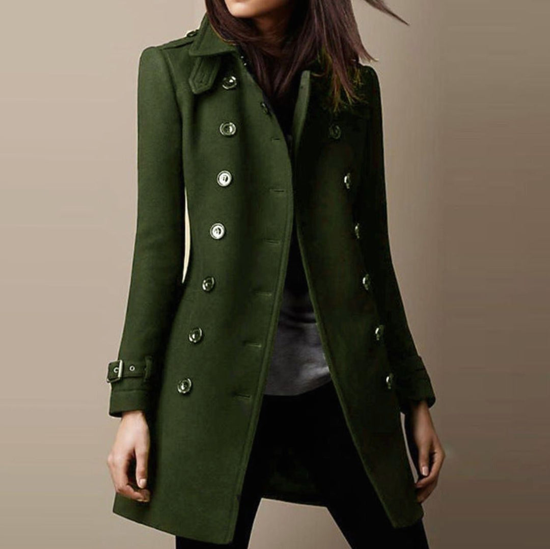 Women's Double-Breasted Mid-Length Winter Coat Notch Lapel - Army Green