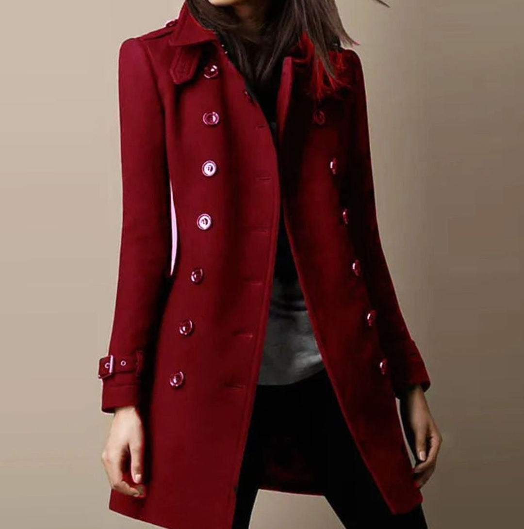 Women's Double-Breasted Mid-Length Winter Coat Notch Lapel - Burgundy