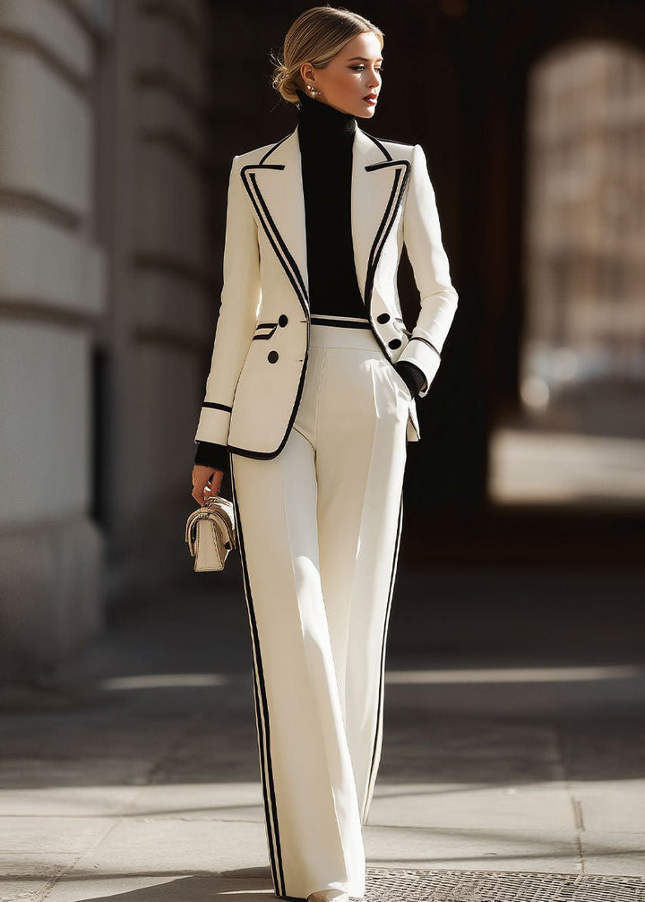 Women's Double Breasted Suit Set Contrast Trim Blazer - White